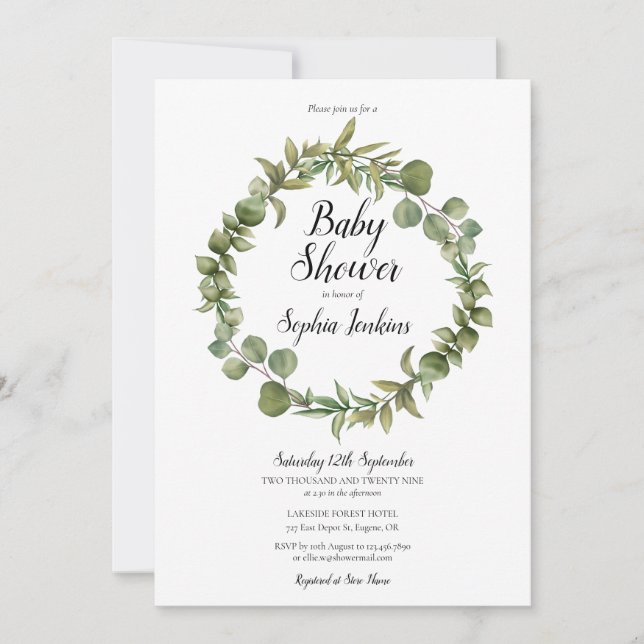 Woodland Greenery Eucalyptus Script Baby Shower Invitation (Front)
