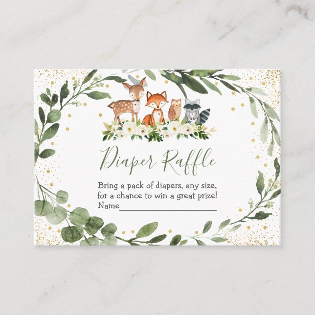Woodland Greenery Forest Animal Diaper Raffle Card (Front)
