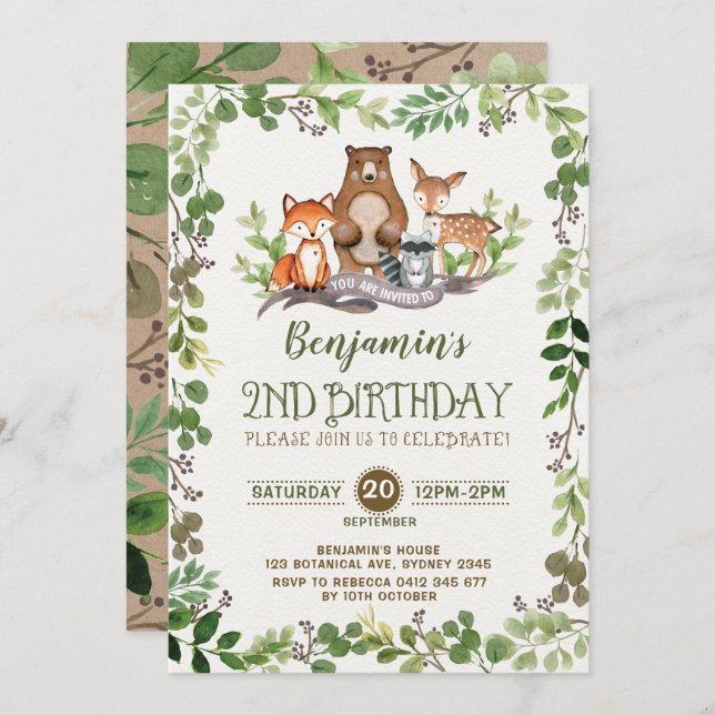 Woodland Greenery Forest Animals 2nd Birthday Invitation (Front/Back)