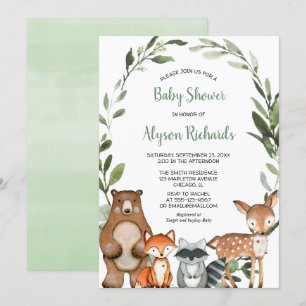 Woodland greenery gender neutral cute animals baby invitation