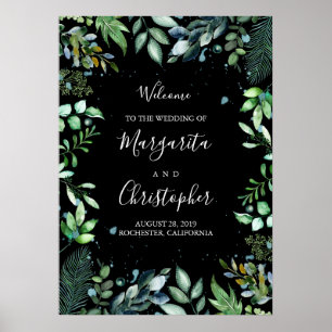 Woodland Greenery Mariage noir Affiche de bienvenu