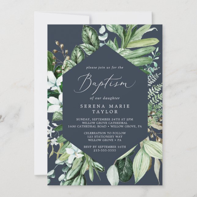 Woodland Greenery | Navy Blue Baptism Invitation (Front)
