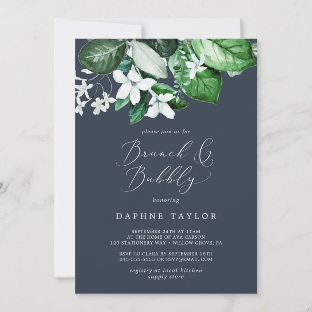 Woodland Greenery | Navy Blue Brunch and Bubbly Invitation (Front)