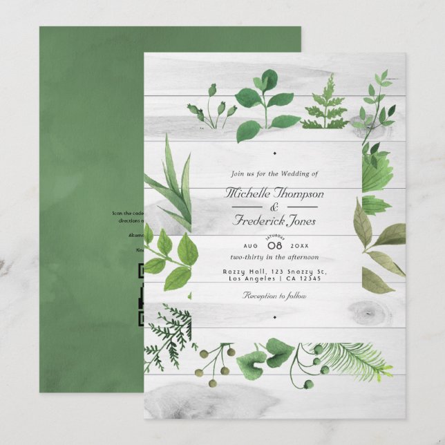 Woodland Greenery Rustic QR Code RSVP Wedding Invitation (Front/Back)