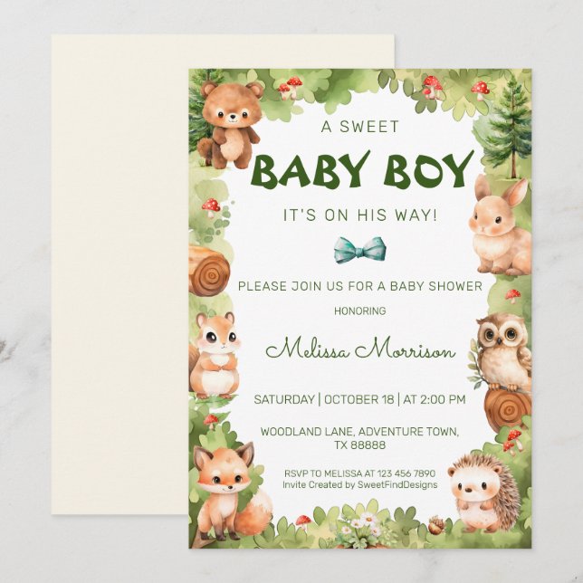 Woodland Greenery Sweet Baby Boy Shower Invitation (Front/Back)