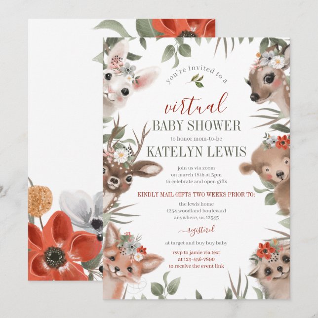 Woodland Greenery Virtual Baby Shower Invitation (Front/Back)