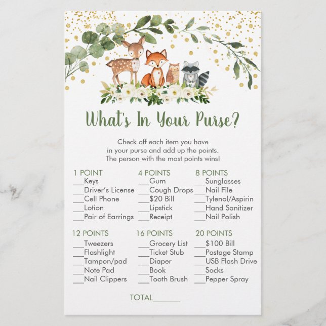 Woodland Greenery What's In Your Purse Game (Front)