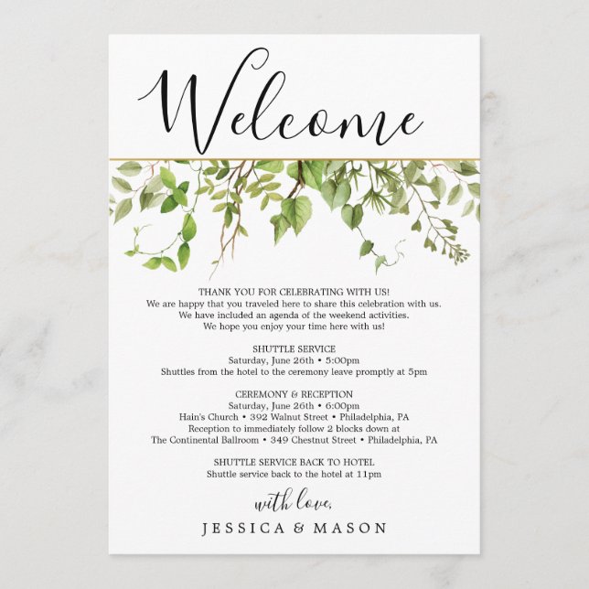Woodland Greens Wedding Welcome Itinerary Letter Program (Front)