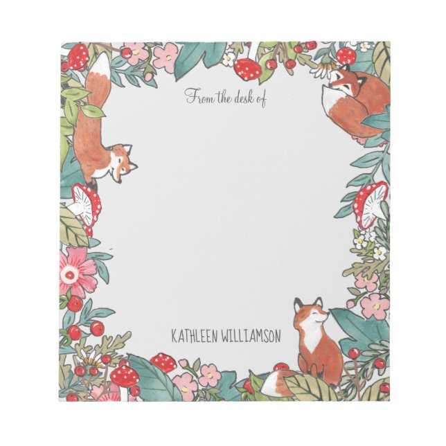 Woodland Grey Fox Foxes Forest Leaf Personalized Notepad (Front)