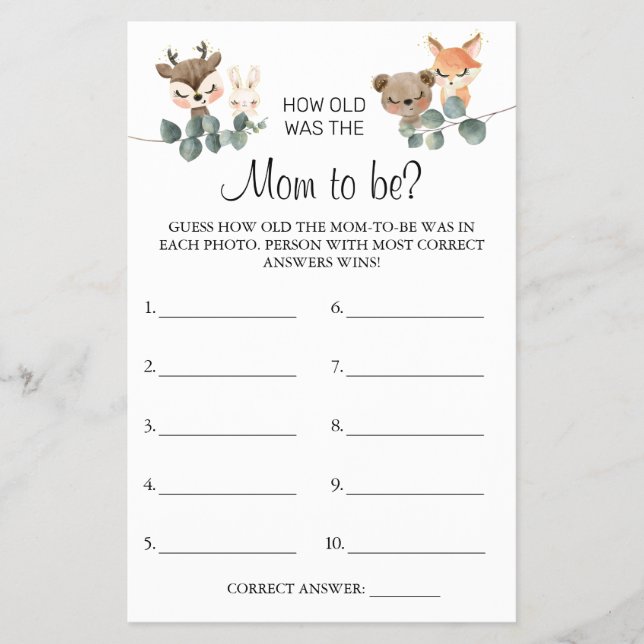 Woodland Guess how old was Mom shower game card (Front)