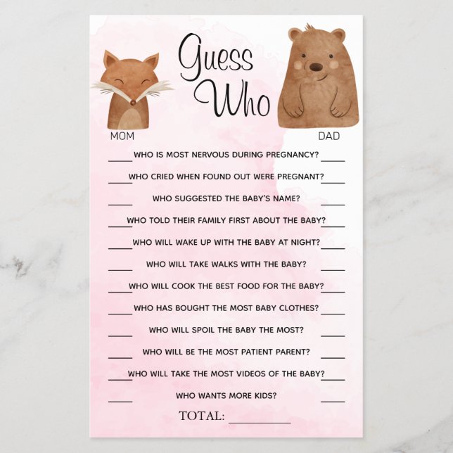 Woodland Guess Who Baby Shower Game Card (Front)
