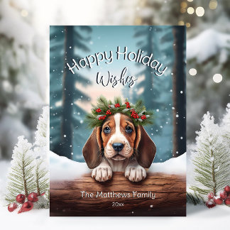 Woodland Happy Christmas Wishes Basset Hound Puppy Holiday Card