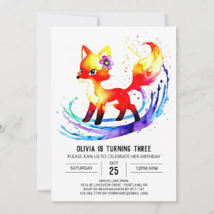 Woodland Happy Fox Digital Girl Birthday Invitation