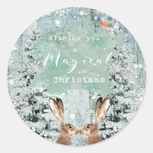 woodland hares winter holiday classic round sticker