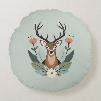 Woodland Harmony – Boho Deer Botanical Illustratio Round Pillow
