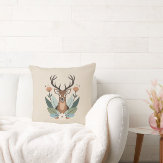 Woodland Harmony – Boho Deer Botanical Illustratio Throw Pillow