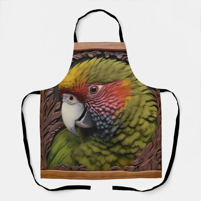 Woodland Harmony: Green Lorikeet On Carved Wood Apron (Front)
