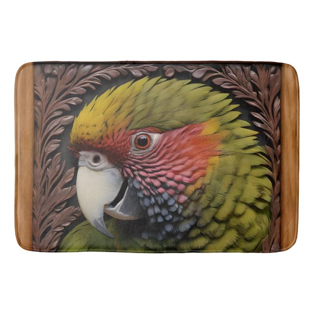 Woodland Harmony: Green Lorikeet On Carved Wood Bath Mat (Front)