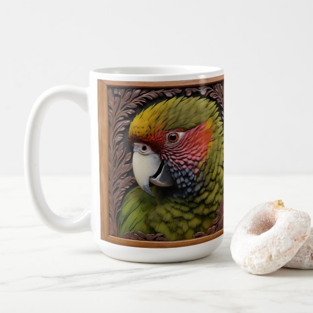 Woodland Harmony: Green Lorikeet On Carved Wood Coffee Mug (With Donut)