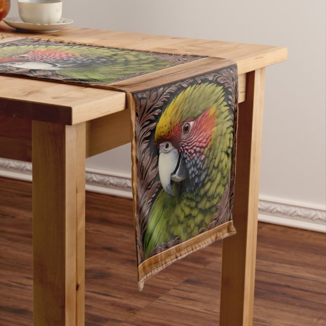 Woodland Harmony: Green Lorikeet On Carved Wood Long Table Runner (In Situ)