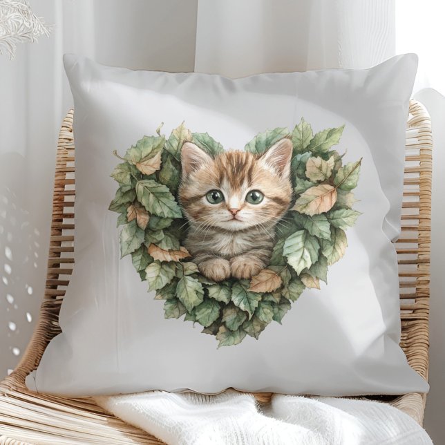 Woodland Heart Kitty - Cozy Fall Throw Pillow (Woodland Heart Kitty - Cozy Fall Throw Pillow in a sunny boho rattan chair.)