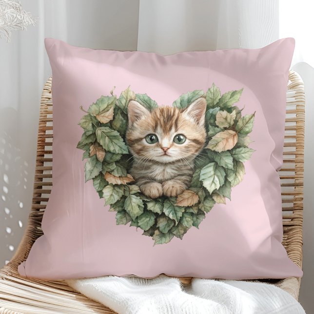 Woodland Heart Kitty - Cozy Fall Throw Pillow (Woodland Heart Kitty - Cozy Fall Throw Pillow in a sunny boho rattan chair.)