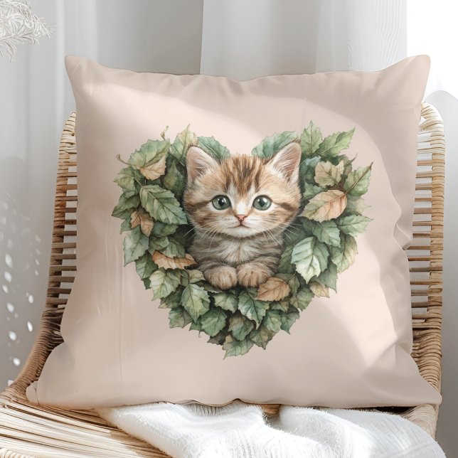Woodland Heart Kitty - Cozy Fall Throw Pillow (Woodland Heart Kitty - Cozy Fall Throw Pillow in a sunny boho rattan chair.)