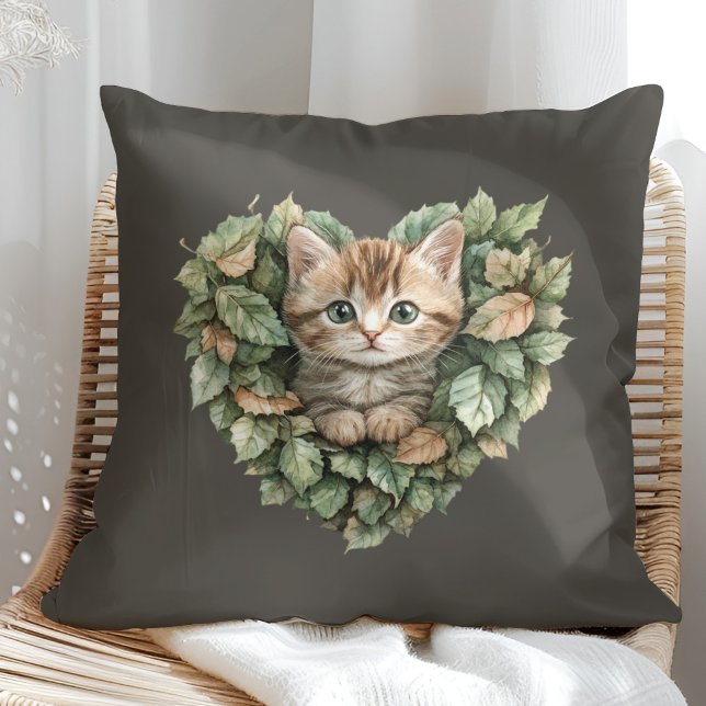 Woodland Heart Kitty - Cozy Fall Throw Pillow (Woodland Heart Kitty - Cozy Fall Throw Pillow in a sunny boho rattan chair.)