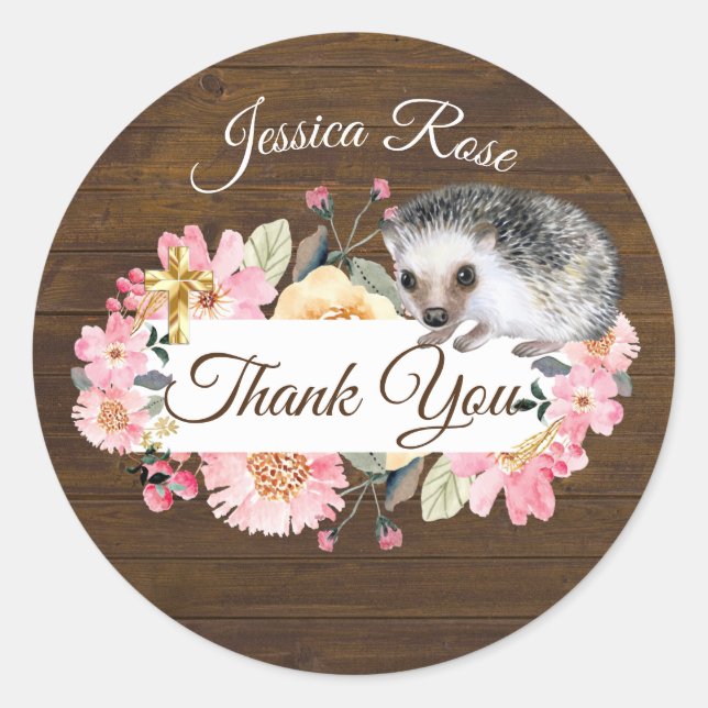 Woodland Hedgehog  Christening Baptism Classic Rou Classic Round Sticker (Front)