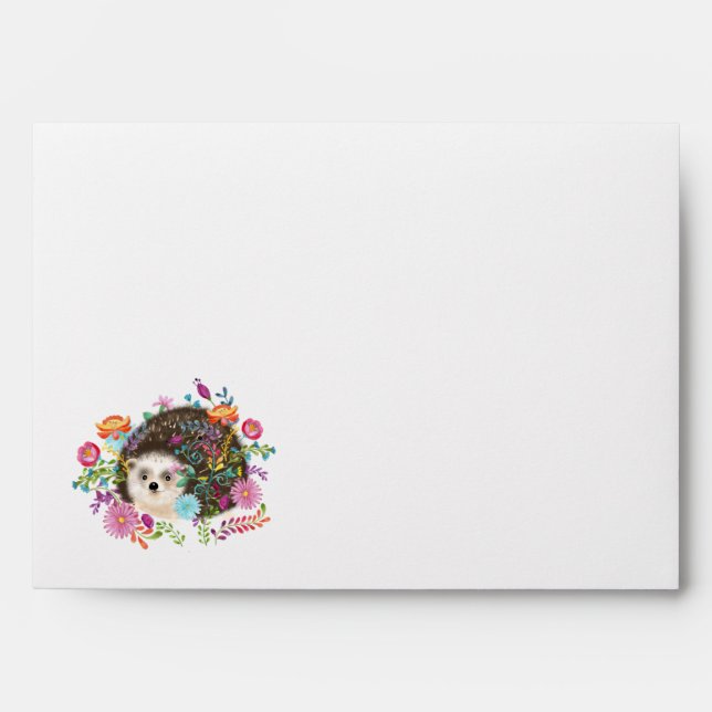 Woodland Hedgehog Envelopes with Text Folk Floral (Front)