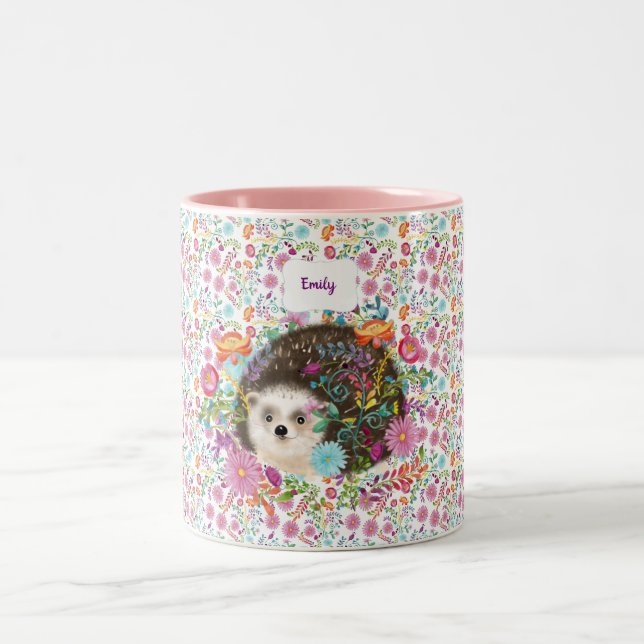 Woodland Hedgehog Folk Flowers Personalized Two-Tone Coffee Mug (Center)