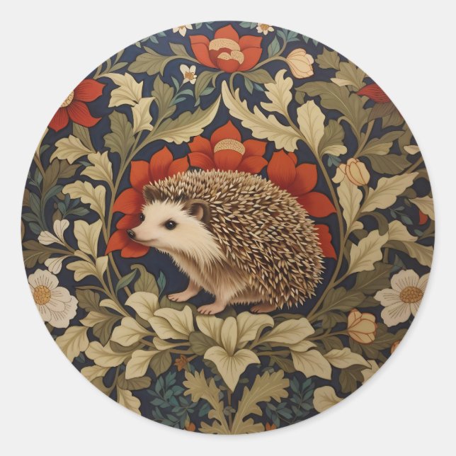 Woodland Hedgehog William Morris Inspired Classic Round Sticker (Front)