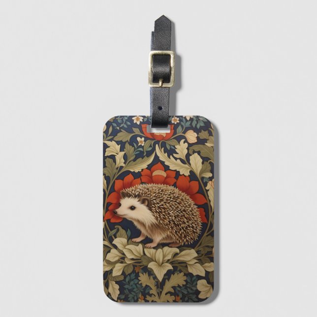 Woodland Hedgehog William Morris Inspired Luggage Tag (Front Vertical)