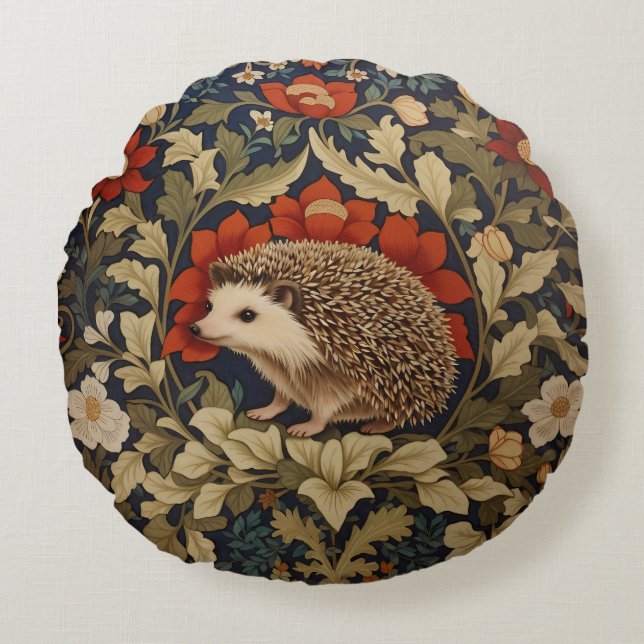 Woodland Hedgehog William Morris Inspired Round Pillow (Front)