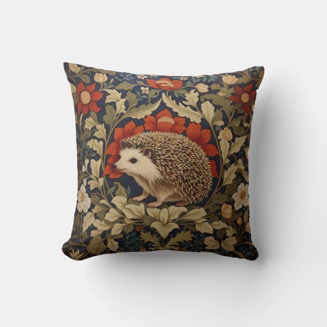 Woodland Hedgehog William Morris Inspired Throw Pillow (Front)