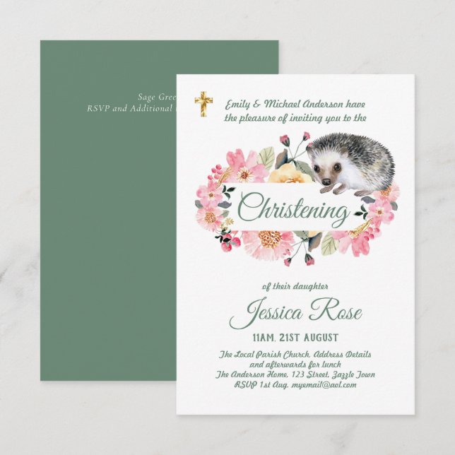Woodland Hérisson Christening Invitations Baptême (Devant / Derrière)