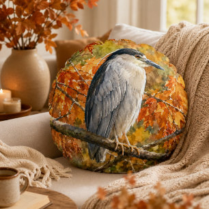 Woodland Heron in Fall Light Round Pillow
