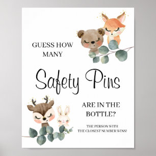 Woodland How many Safety Pins baby shower sign