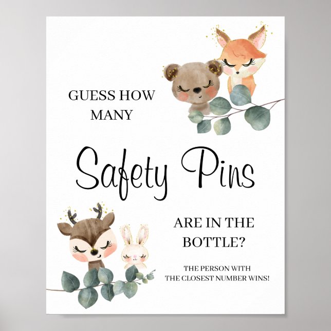Woodland How many Safety Pins baby shower sign (Front)