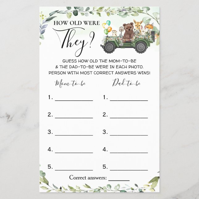 Woodland How Old Were They Baby Shower Game Card (Front)