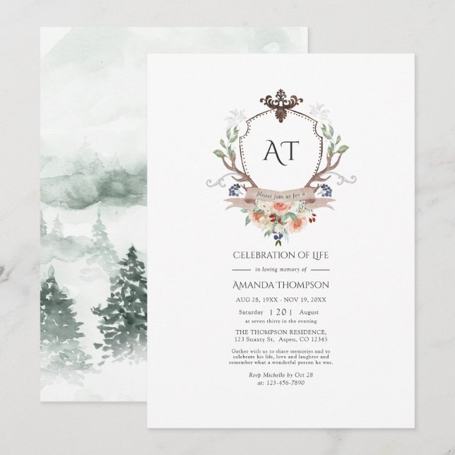 Woodland Laurel Crest Monogram Celebration of Life Invitation (Front/Back)