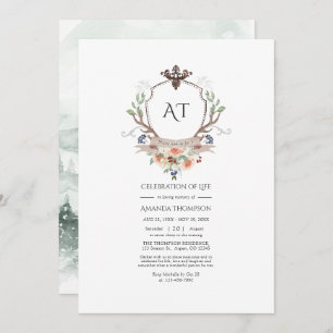 Woodland Laurel Crest Monogram Celebration of Life Invitation