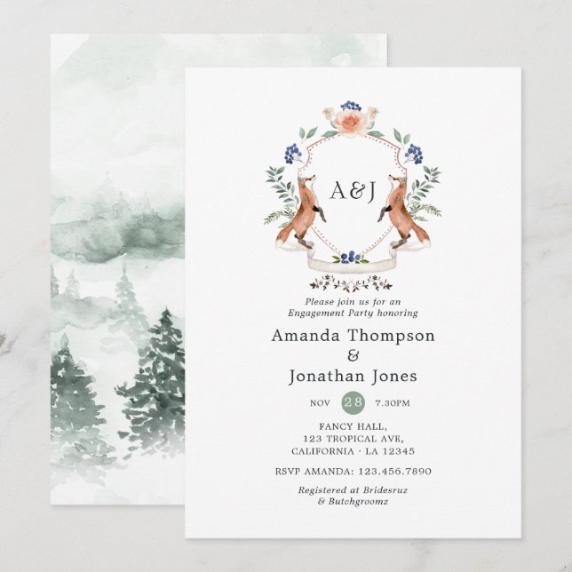 Woodland Laurel Crest Monogram Engagement Party Invitation (Front/Back)