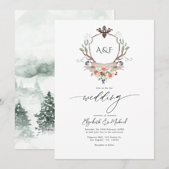 Woodland Laurel Crest Monogram QR Code Wedding Invitation (Front/Back)