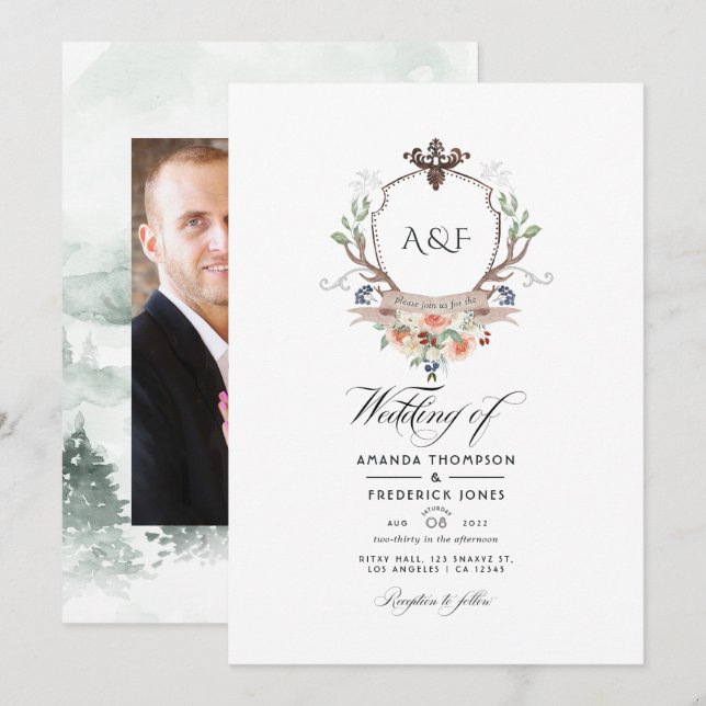 Woodland Laurel Crest Monogram Wedding Photo Invitation (Front/Back)