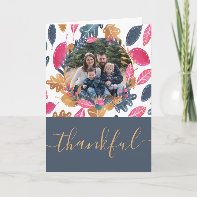 Woodland Leaf Pattern Thanksgiving Photo Holiday Card (Front)