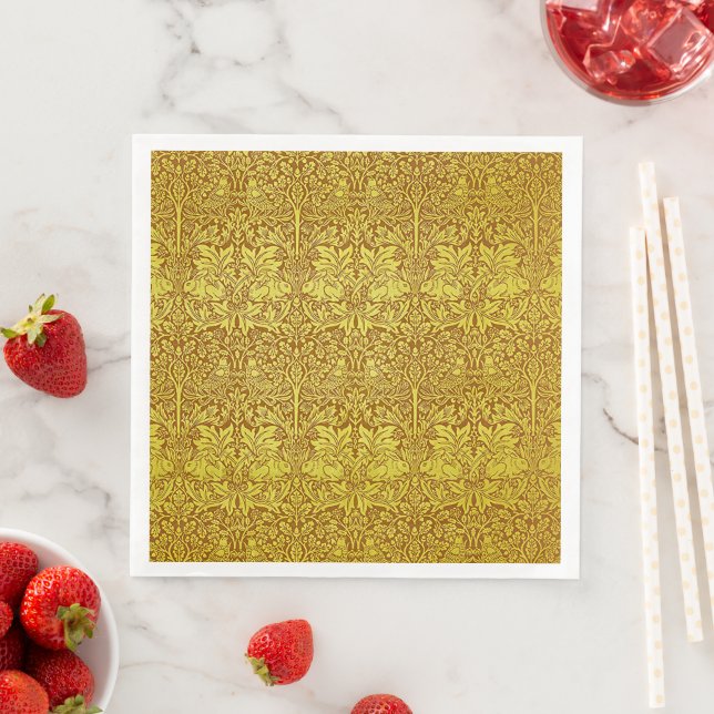 Woodland Leaves Gold Rabbit William Morris Pattern Napkin (Insitu)