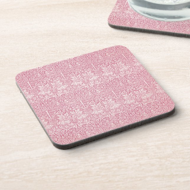 Woodland Leaves Pink Rabbit William Morris Pattern Coaster (Left Side)