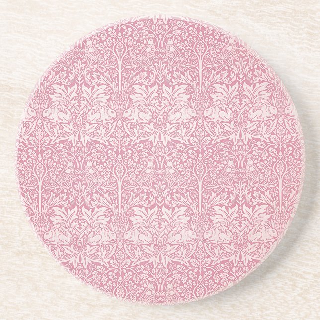 Woodland Leaves Pink Rabbit William Morris Pattern Coaster (Front)