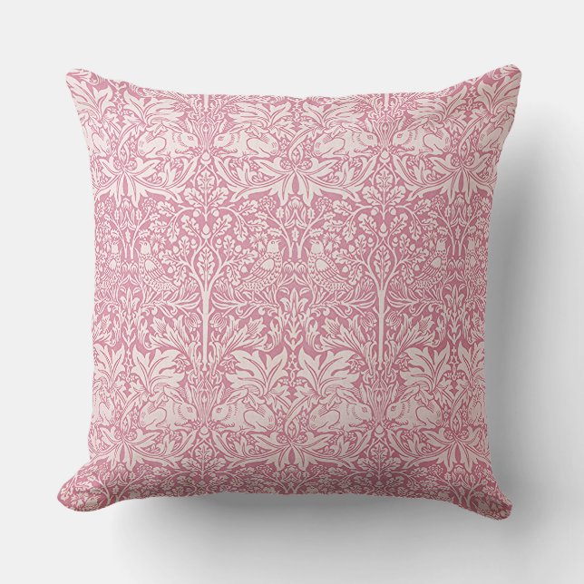 Woodland Leaves Pink Rabbit William Morris Pattern Throw Pillow (Front)